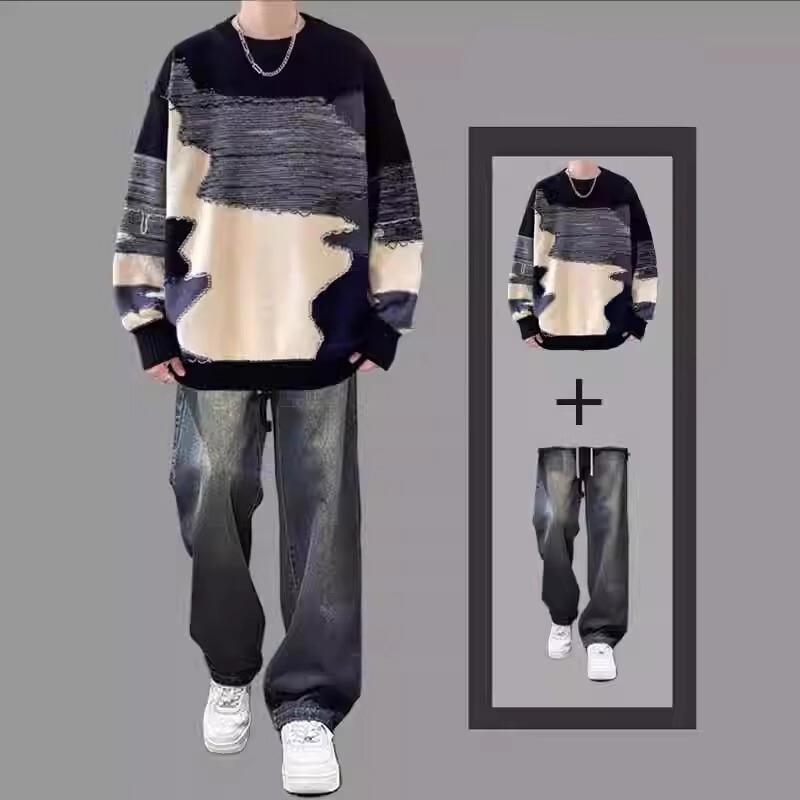 American-Style Heavyweight Color-Blocked Crew Neck Sweater for Men, New Autumn and Winter Loose-Fitting Thickened Lazy Style Warm Knitwear Jacket