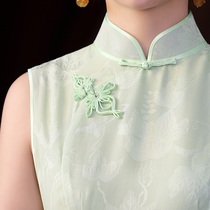 High-end jacquard fabric handmade cheongsam light green jade sleeveless cheongsam casual girl Daily cheongsam long cheongsam