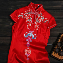 Ruyi auspicious red bride half-sleeved embroidered long cheongsam Wedding back door dress Golden branches and jade leaves wedding high-end customization