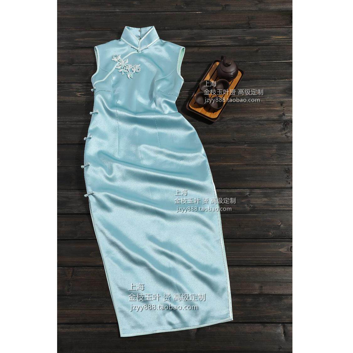 Shanghai Golden Branches Jade Leaf Qipao Qipao Senior Custom Water Blue Light Vegan Color Real Silk Handmade Large Flower Button Brief About Everyday