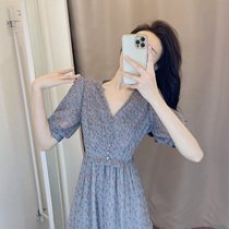 French Royal Sister Style V-neck Dress Womens 2024 Summer New Fashionable Waist Slim Puff Sleeve Dress