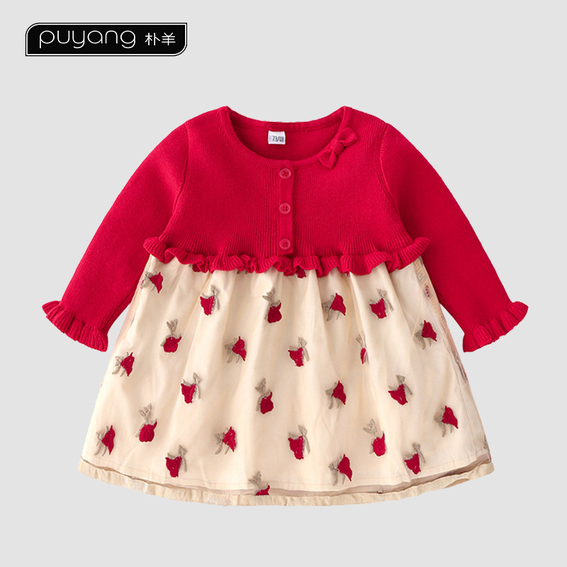 Girls red dress princess skirt autumn and winter children's one-year-old dress skirt girl baby Western style spring and autumn clothes hundred days