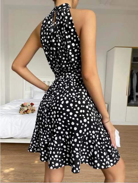 AliExpress Summer New Style Round Neck Dotted Halter Waist Belt A-Line Sleeveless Ruffle Dress DRESS