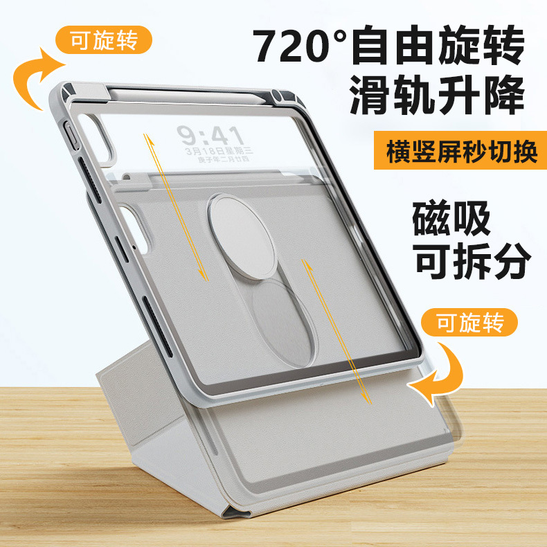 New iPad Pro 11/12.9/ 13inch Air7/6/5 9/10/11 Generation A16 Protective Case with Y-Fold Slide Rail, Height Adjustable, Magnetic, Rotatable, Detachable, and Can Stand Upright