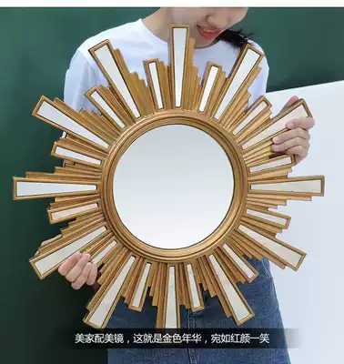 Porch border decorative mirror background wall living room retro round Wall Wall Wall creative Sun decoration mirror wall wooden