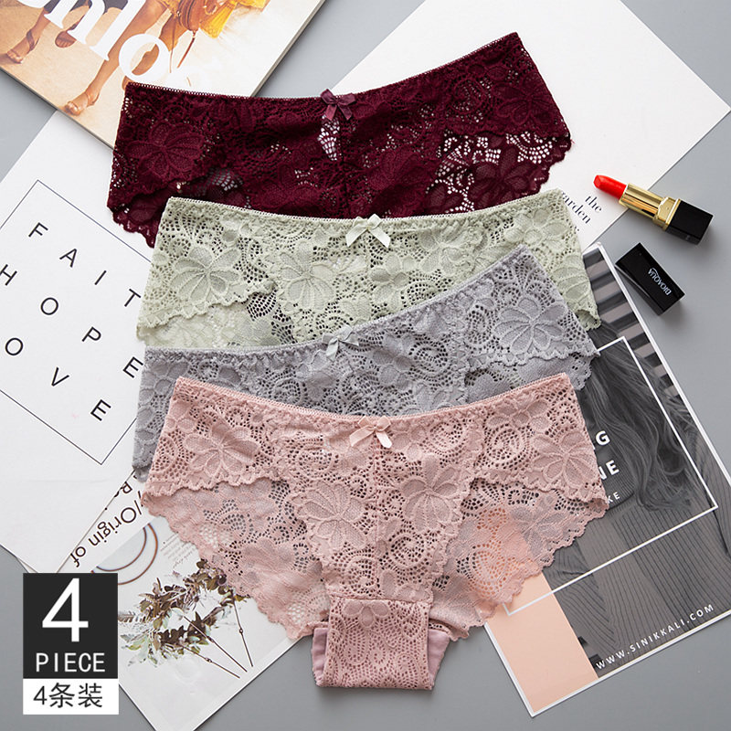 4-pack sexy incognito panties Female lace girl low waist ultra-thin hot hollow cotton crotch briefs head