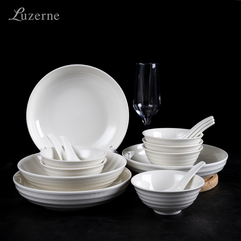 Luzerne Lu Sheng New Bone China Chinese-Style Pearl White Song Series Feather Pattern Household 6-Person Dinnerware Set 16 Pieces Simple Gift Box