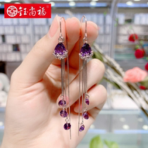 Yushangfu s925 sterling silver amethyst flower anti-throwing EAR thread simple temperament tulip earrings long tassel ear ornaments summer