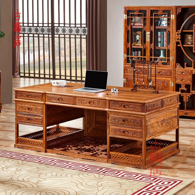 Red Wood Furniture Modern Minimalist Straight Foot Office Desk Flowers Pear Full Solid Wood Chinese Style Book House High-end Book Table And Chairs With Drawer
