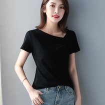 Black base shirt slanted V-neck pleated short sleeve T-shirt female design sense niche slim age reduction shirt 2021 New