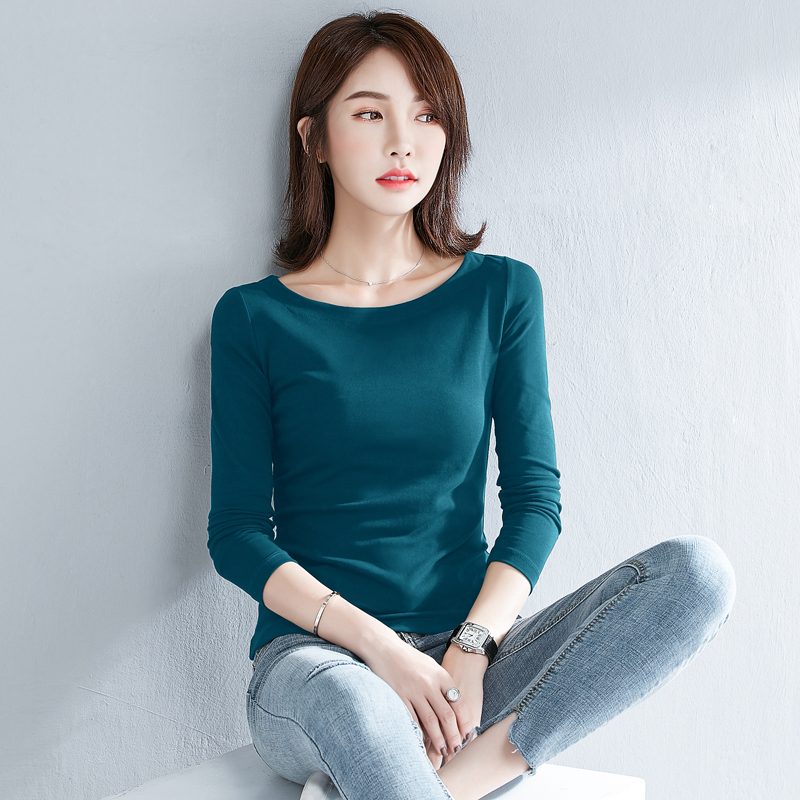 Blue Slim-Fit Ribbed Cotton Half-Round Neck Long-Sleeve T-Shirt for Women, New Spring and Autumn Solid Color Versatile Stylish Base Shirt Blue Slim-Fit Ribbed Cotton Half-Round Neck Long-Sleeve T-Shirt for Women, New Spring and Autumn Solid Color Versatile Stylish Base Shirt