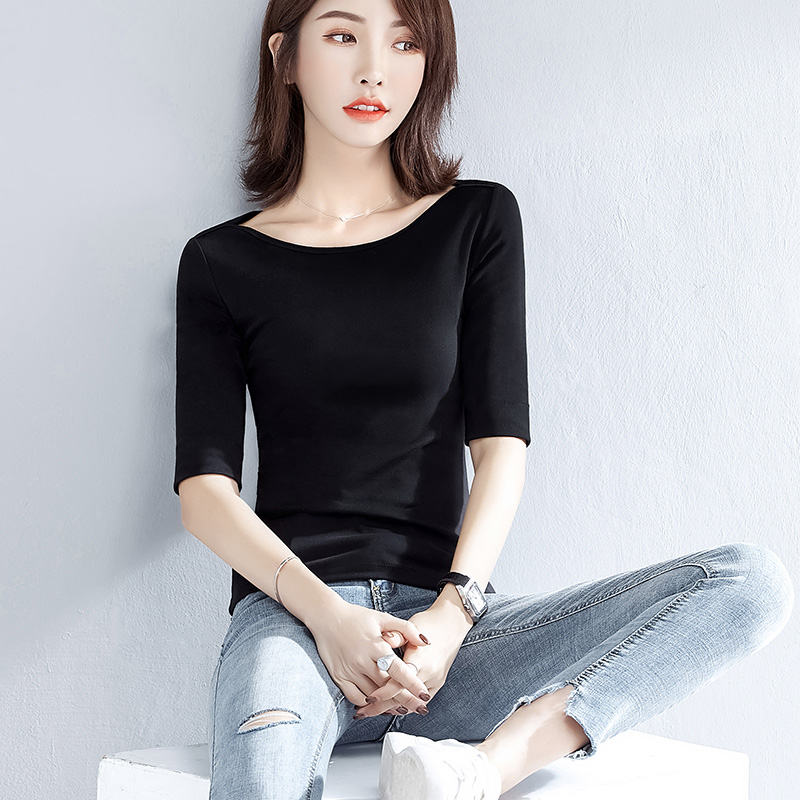 Black five-point sleeve T-shirt women's one-shoulder slim bottoming shirt three-quarter sleeve top 2022 new spring and summer thin T-shirt