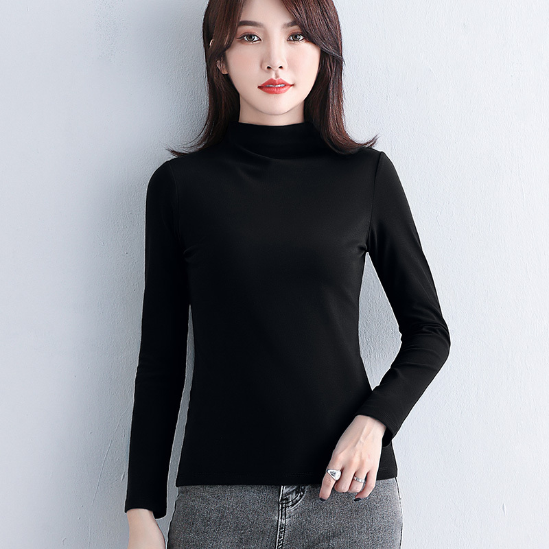 Black Ribbed Cotton Turtleneck Base Shirt for Women, Suitable for Layering in Spring, Autumn, and Winter, New Solid Color Versatile Long-Sleeve T-Shirt for Outerwear