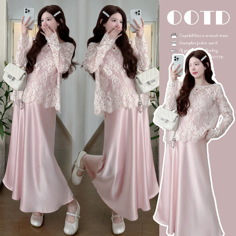Maternity Wear Summer Dress 2026 New French Style Dress High-End Pregnancy Outfit Satin Slip Dress Lace Cover-Up