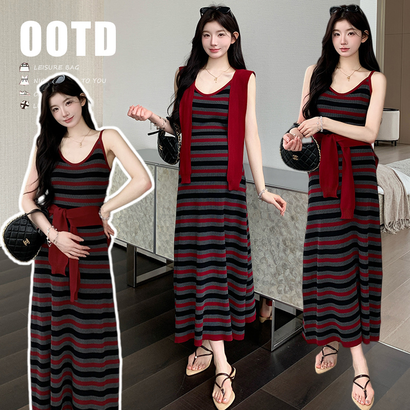 Maternity Wear for Summer, Outfits That Don'T Show Pregnancy during Pregnancy, 2026 New Style Striped Suspender Dress and Shawl Two-Piece Set