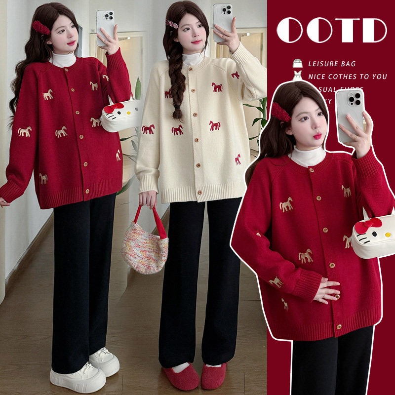Maternity Wear Spring and Autumn Outfit Set 2026 New Style Pony Sweater Coat for Pregnant Mothers, High-End Style, Plus Size Two-Piece Set
