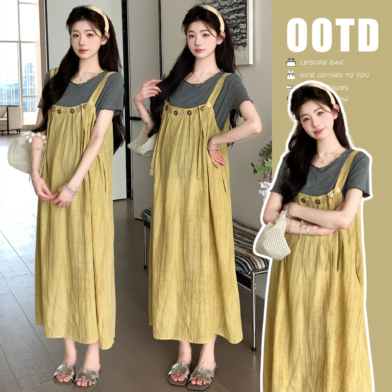 Maternity Summer Dress Set 2026 New Stylish Non-Obtrusive Suspender Dress for Pregnant Women, High-End French-Style Pregnancy Outfit