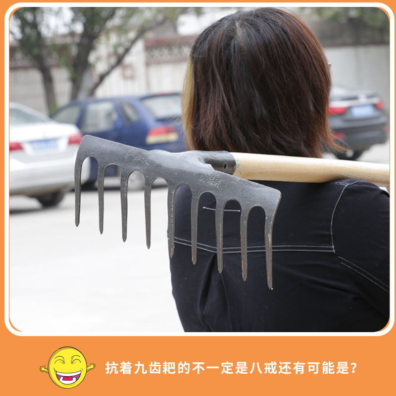 Rake household grass nail rake farmers use loose soil flat ground tool construction site flat gray iron rake to catch the sea rake nine tooth steel rake