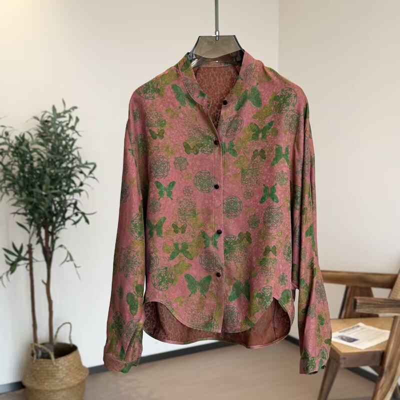 Xing Kangli Selection: Four-Thread Twisted Red Cloud Silk 100% Mulberry Silk Floral Batwing Sleeve Shirt 261251