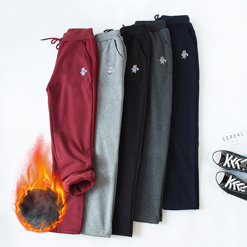 Lady Spring Summer Lady Plus Suede Thickened Sports Casual Long Pants Straight Drum Small Feet slim outside wearing loose High waist and waistline Khmer Rouge