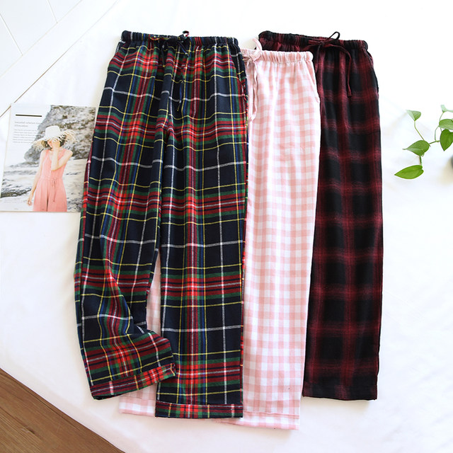 ພາກຮຽນ spring ແລະດູໃບໄມ້ລົ່ນ plaid plush fabric pajamas ສໍາລັບແມ່ຍິງ, ຝ້າຍບໍລິສຸດ, ຊື່, ວ່າງ, ຂະຫນາດໃຫຍ່, ສາມາດໃສ່ນອກ, ກາງເກງໃນເຮືອນ, ໂສ້ງຂາຍາວ.