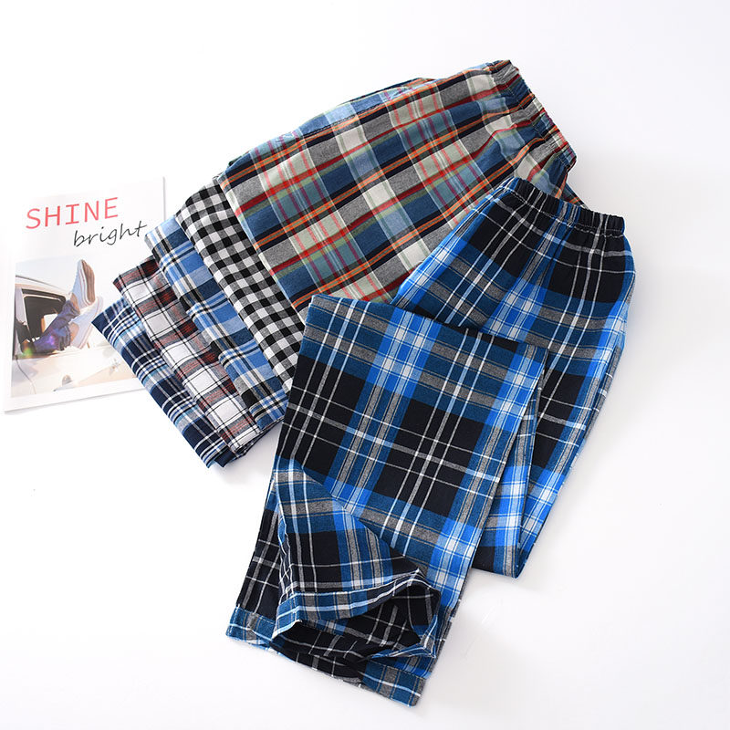 Spring and summer large size pajamas Men's woven cotton middle-aged loose home pants Cotton plaid pajamas air conditioning pants