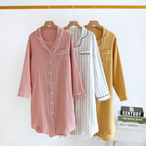 Spring and Autumn Medium-length dress Nightdress Japanese Cardigan Long Sleeve Sleeved Pajamas Women Cotton Gauze Striped Home Clothes Summer Thin