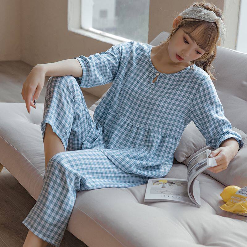2021 Spring and summer nightwear set Women's plaid three-point sleeve trousers Crew neck interwoven cotton cotton home wear thin section