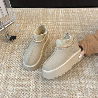 民族风加绒雪地靴女2025新款冬季厚底增高袜靴保暖短靴子毛毛棉鞋