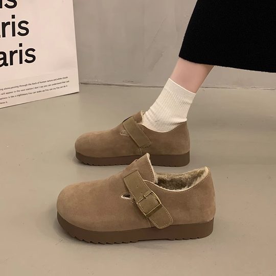 Fleece-Lined Warm Birkenstock Shoes for Women 2025 Autumn and Winter New Retro Thick-Soled Cotton Shoes Slip-On Maternity Full-Wrap Birkenstock Shoes