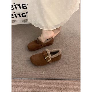 内增高厚底真皮加绒勃肯鞋外穿秋冬一脚蹬丑萌晚晚风保暖豆豆棉鞋