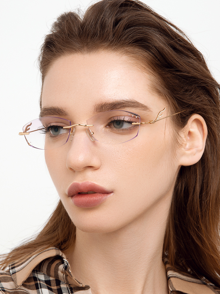 Rimless glasses female pure titanium ultralight myopia can be matched with degree cut edge color change eye protection set diamond qiangzai bird new cut 1