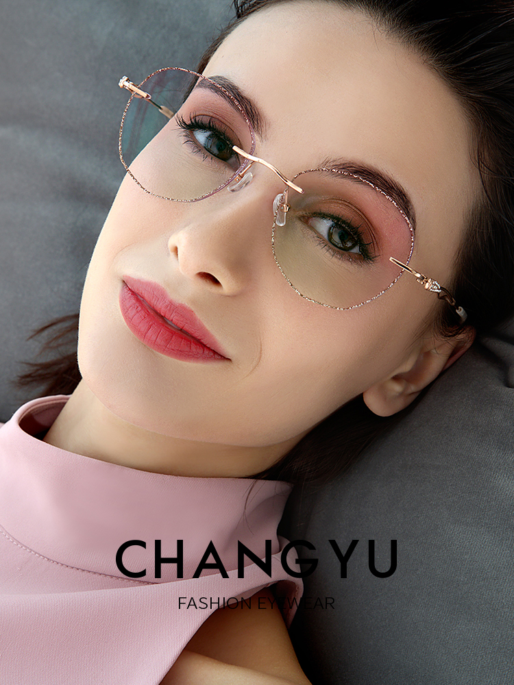 Pure titanium ultralight without frame glasses female myopia can be equipped with degree diamond cut edge large face retro one thousand Birds 99802