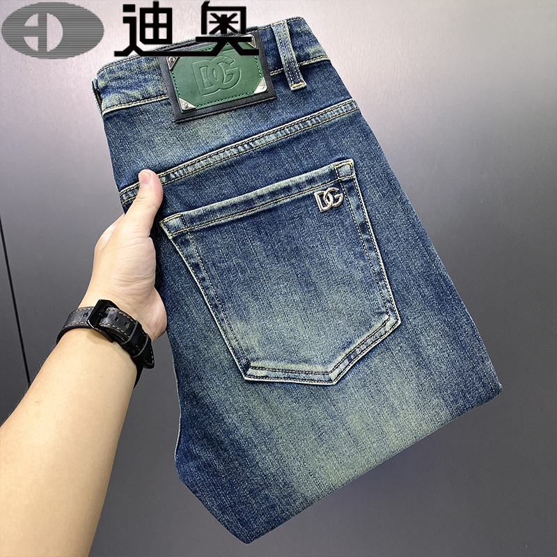 2025 Spring and Autumn New High-End Light Luxury European Jeans Men's Straight Slim Fit Stretch Pure Cotton Casual Men's Pants