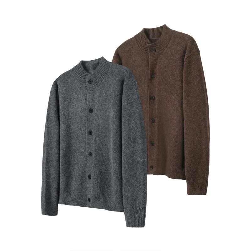 〔No Logo Cleanfit〕Gray Wool Blend Knit Cardigan in Old Money Brown, Versatile Sweater