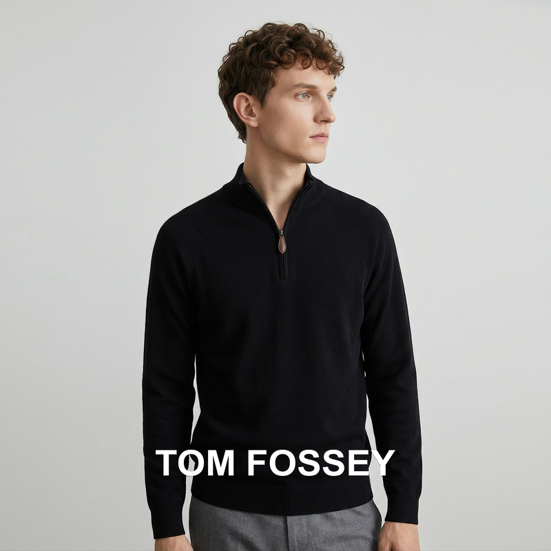 [Cashmere and Silk Blend] Super Soft and Skin-Friendly Autumn and Winter Warm Knit Black Sweater with Half-Zip Stand Collar