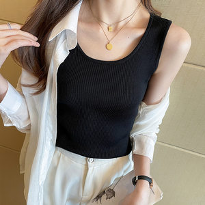Black u-neck large size ice silk vest women's summer outerwear bottoming shirt with slim threaded top
