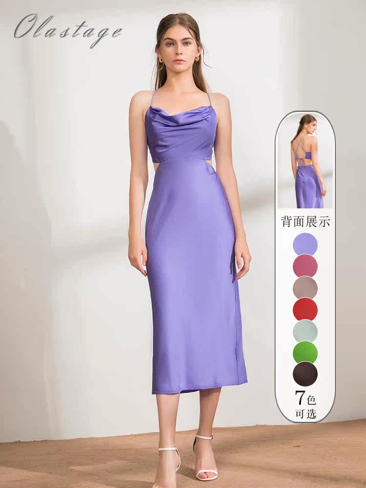 OLASTAGE Australian designer brand RUNAWAY SATIN FACE SEXY PENDANT WITH SKIRT-BACK LACE FOREIGN DRESS