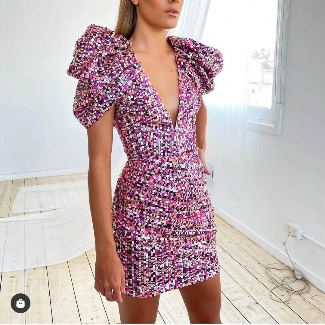 OLASTAGE Australian designer brand Eliya Pink Purple Flash Flake Disco Gown Deep V Short Dress