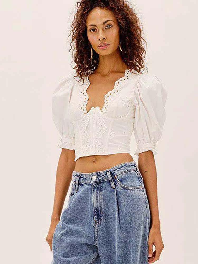 OLASTAGE Australian designer brand for love lemons sashimi V collar foam sleeve t shirt summer