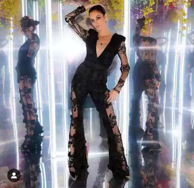 OLASTAGE AUSTRALIAN DESIGNER ZHIVAGO BLACK PERSPECTIVE LACE TULLE TEMPERAMENT HIGH WAIST SHOULDER PAD JUMPSUIT