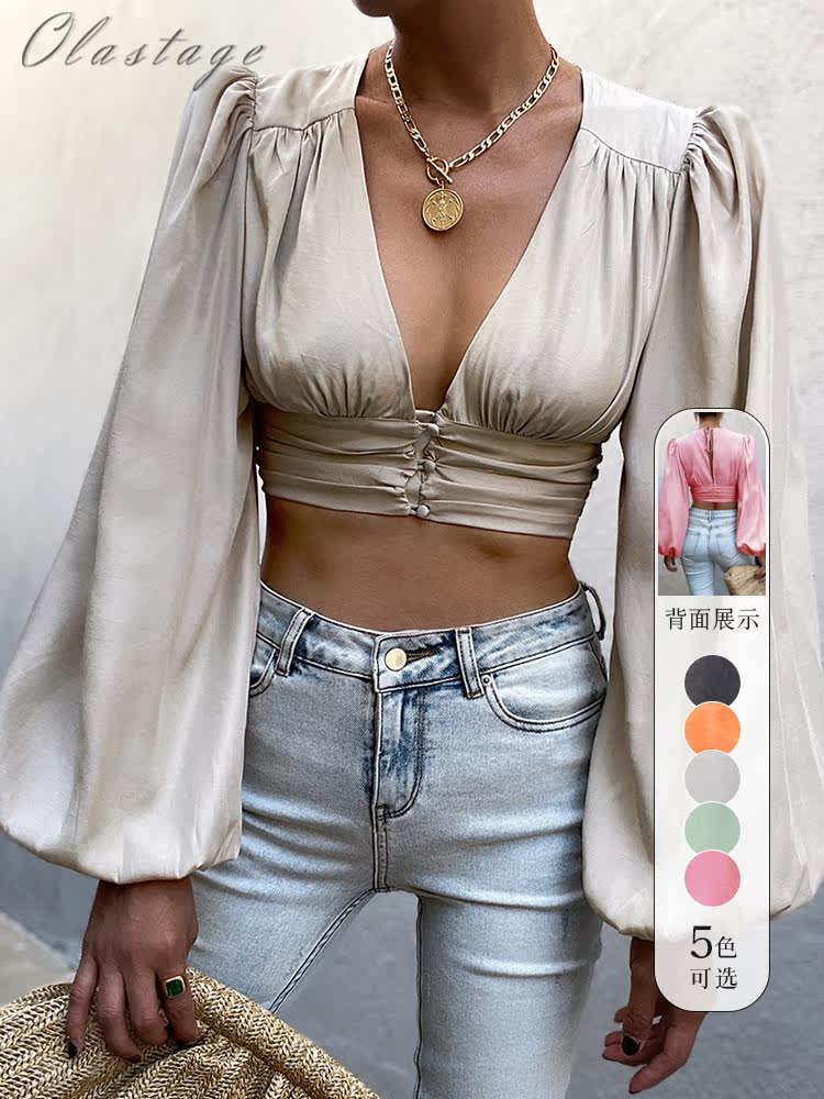 OLASTAGE Australian designer brand Runaway Fashion Sexy deep V dew Glossy Lantern Sleeve Shirt Woman