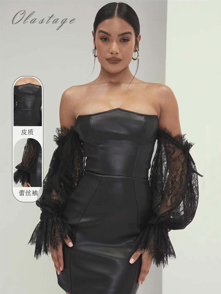 OLASTAGE Australian designer Brand Mistress Rocks Shoulder Leather Lace Sleeves Body Dress