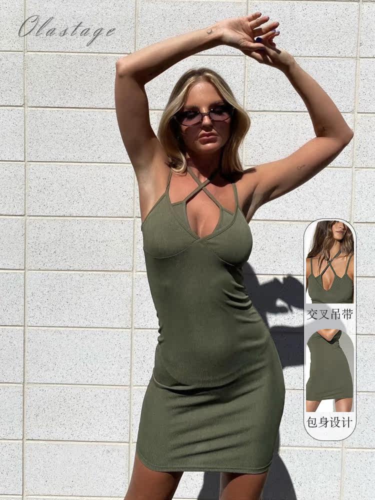 OLASTAGE Australian designer Tide Cards New European and American Wind Double Crossover Harness Sexy High Waist Display Slim Fit Dress