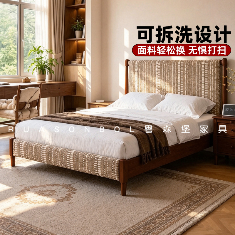 Medieval-Style West Coast Bed, Solid Wood Upholstered Fabric Bed, Removable and Washable, High-End Master Bedroom French-Style High-Leg Bed 1.8m Medieval-Style West Coast Bed, Solid Wood Upholstered Fabric Bed, Removable and Washable, High-End Master Bedroom French-Style High-Leg Bed 1.8m