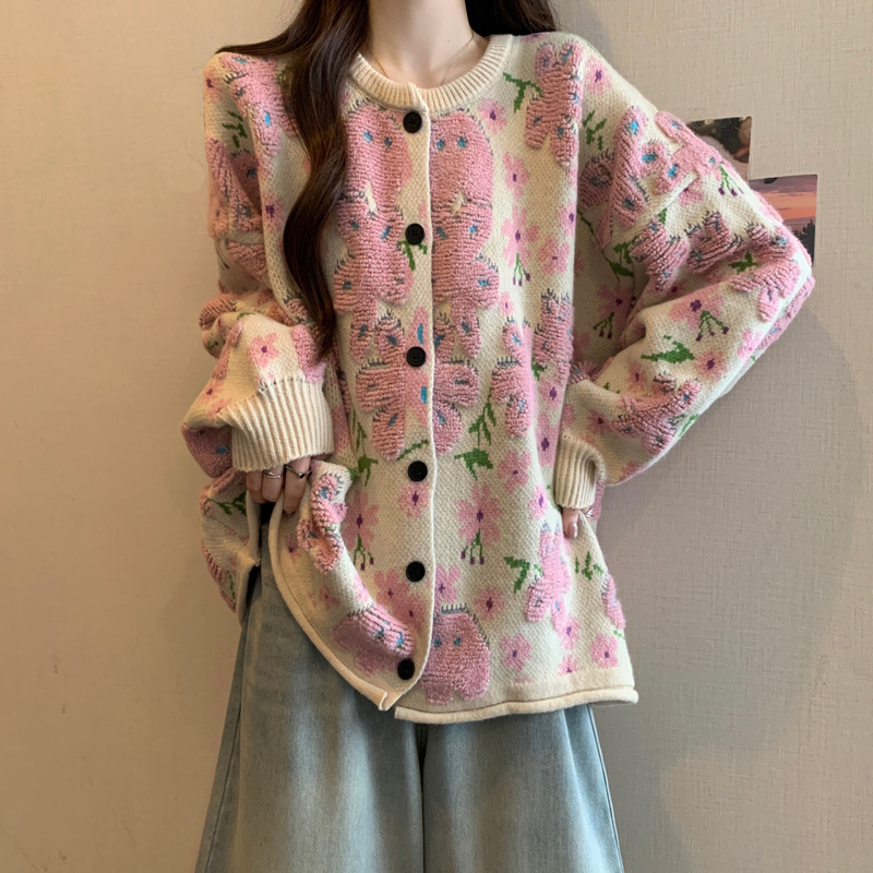 Pink Floral Embroidered Knit Cardigan Sweater for Women, 2026 Spring, Plus Size, Mid-Length, Age-Reducing Top