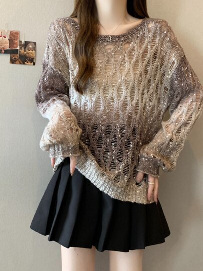 Вязаный свитер Melard с градиентным узором и вырезами для женщин, осенний, больших размеров, уникальная верхняя одежда для полных девушек.