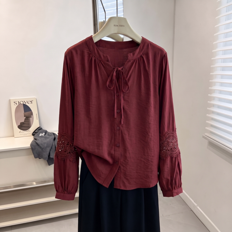 Red Lace Hollow-Out Long-Sleeve Shirt for Women, Early Autumn 2026 New Style, Plus-Size, Stylish, Age-Reducing Top Red Lace Hollow-Out Long-Sleeve Shirt for Women, Early Autumn 2026 New Style, Plus-Size, Stylish, Age-Reducing Top