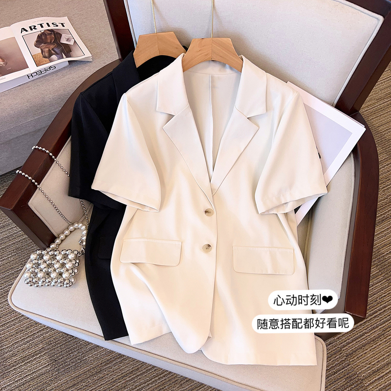 High-End, Elegant, Age-Reducing Short-Sleeved Blazer for Women, Summer Plus Size, Loose Fit, Slimming, Tummy-Covering Cardigan