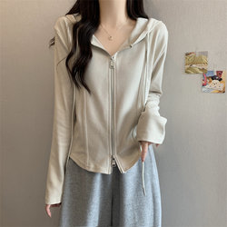 European Style Double Zipper Hooded Sweatshirt Jacket for Women, Early Autumn, Plus Size, Outerwear Cardigan, Irregular Fishbone Top